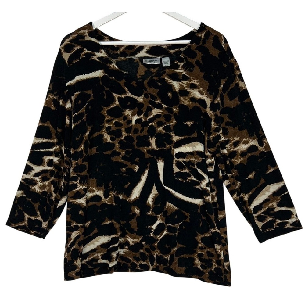 Chico's Travelers Brown Leopard Print Top 3 XL 3/4 Sleeve V-Neck Casual Packable